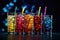 a row of different colored drinks with straws in them dark blue blured background. ai generative