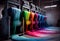 a row of different colored surfboards in a factory. Generative AI