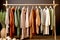 Row of different colorful Knitted warm sweaters hang, Rack with stylish women\\\'s clothes autumn colored. Clothes for