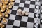 A row of dollar coins in the center of the chess board and chess in a standoff