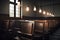 a row of empty chairs in a lecture hall with an old-fashioned blackboard and ceiling lights