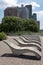 A Row of Empty Modern Wood Recliners at Gantry Plaza State Park in Long Island City Queens New York during Summer