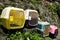 Row of empty pet transport boxes on outdoor stairs