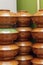 A row of empty soup plates in an asian restaurant. Background. Space for text.