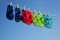 Row of flipflops against a blue sky