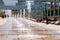 Row of fountains in a park at a high shutter speed freezing the motion of the water and suspended droplets with variety of shape,