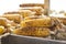 The row of freshly cooked corn, street food in Mexico City