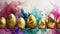 Row of Gilded Easter Eggs Against a Dynamic Watercolor Background