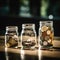 Row of glass jar with coins blurred background, Money tree with coin for growing your business. Saving and deposit growth from