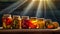 A row of glass jars filled with an assortment of canned fruits, showcasing the colorful variety of preserved produce