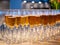 a row of glasses filled with champagne are lined up ready to be served