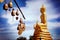 Row of golden bells in buddhist temple. big buddha in Thailand. Travel to Asia,