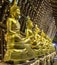 Row of Golden Buddha Statues Sitting on Pillows in Seema Malaka Temple - End View