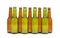 Row of green and brown lager beer bottles isolated on white background