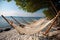 A row of hammocks sitting on top of a sandy beach