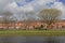 Row of houses with green spring trees