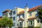 Row of houses or townhomes in downtown city in san francisco california with blue sky copy space sky