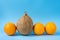 Row of Identical Oranges One Single Coconut on Blue Background. Individuality Personality Uniqueness Concept.