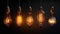 Row of industrial light bulbs hanging from ceiling with dark background