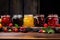 a row of jars with different fruit jams against a rustic background