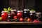 a row of jars with different fruit jams against a rustic background