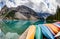 Row of Kayaks on Moraine Lake in the Canadian Rockies