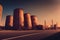 a row of large industrial tanks sitting next to each other on a road near a factory building and power lines