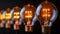 A row of light bulbs with glowing yellow lights in them, AI