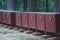 Row line of bear proof food metal storage lockers installed near camping campground in Yosemite National Park, California, United