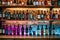 Row of liquor bottles are lined up on brick wall back bar. Generative AI