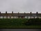 A row of local vintage historical cottage houses by the street with grass bushes