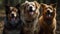 A row of loyal, cute purebred pets sitting outdoors smiling generative AI