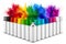 Row of many spray can in colorful color in front of ainbow holi paint color powder explosion isolated white background. Industry