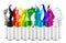 Row of many various spray can spraying colorful rainbow paint liquid color splash explosion isolated white background. Industry