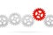 Row of metal cogwheel gears with a central red wheel over white background, teamwork, connection or communiaction abstract concept