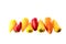 Row of mini peppers multicolored, aligned on white background