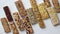 Row of mixed gluten free granola cereal energy bars. With dried fruits and nuts.