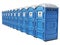 Row of mobile portable blue plastic toilets