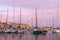 The row of moored yachts in the seaside town, Old port marina of La Ciotat, Provence, Southern France