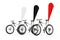 Row of Mountain Bicycles with Red, Black and White Blank Banner Promotion Feather Flags. 3d Rendering