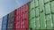 Row of multicolored cargo containers against blue sky. 3D rendering