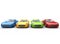 Row of multicolored cars on white background