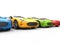 Row of multicolored cars on white background