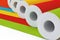 Row of Multicolour Paperhanging Wallpaper Paper Rolls. 3d Rendering