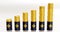 A row of oil barrels and golden coins of rising oil prices chart on white background, 3d illustration