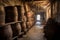 row of old barrels in a rustic cellar