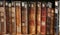 Row of old books cover spines 3