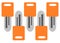 A row of orange colored plastic head short keys white backdrop