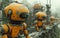 Row of orange robots lined up on a bridge in a Scifi event