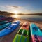 Row of paddle boats,paddle skis or canoes on the beach